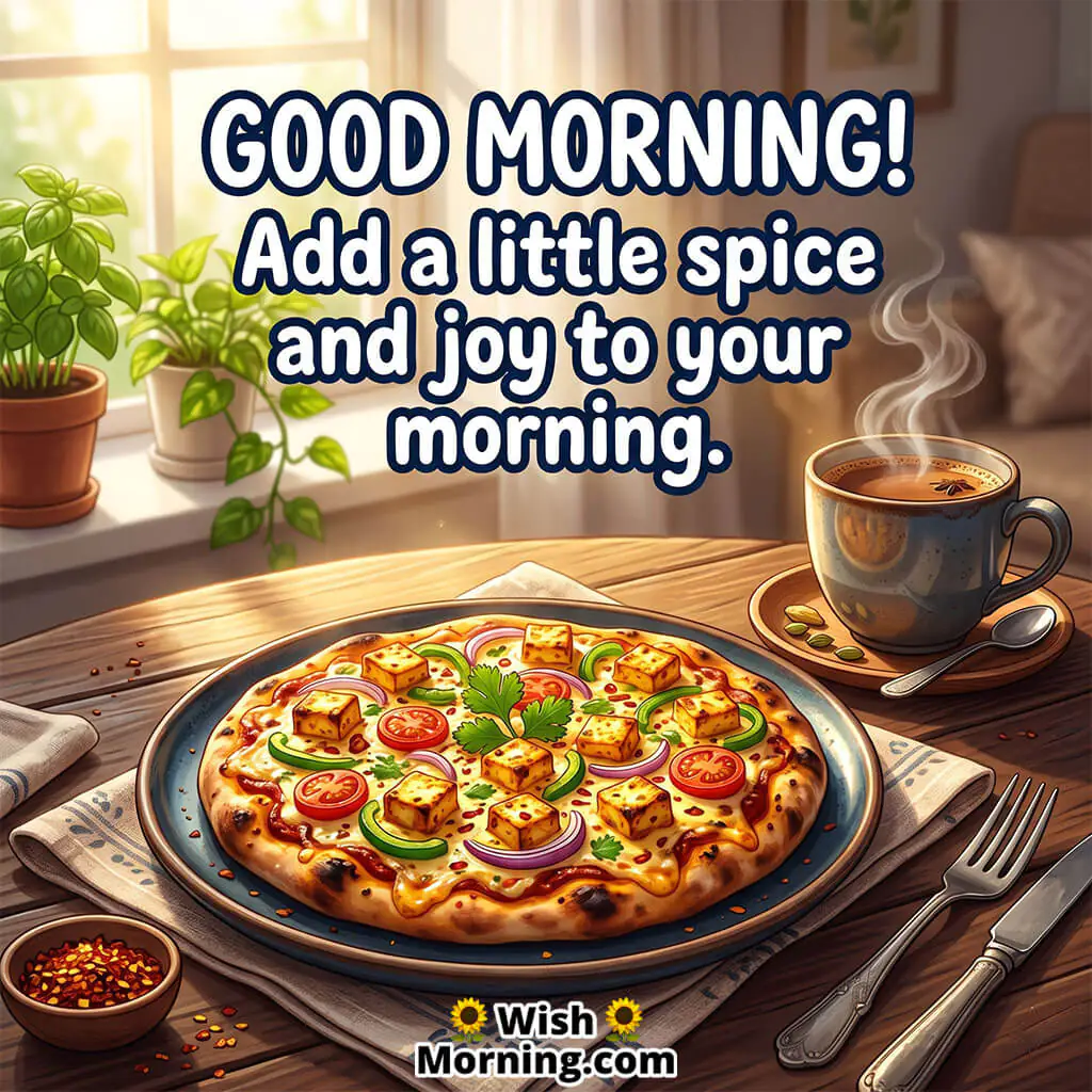 Good Morning Paneer Pizza Image with Indian Breakfast Quote featuring spicy paneer pizza with chai symbolizing flavorful and joyful mornings.