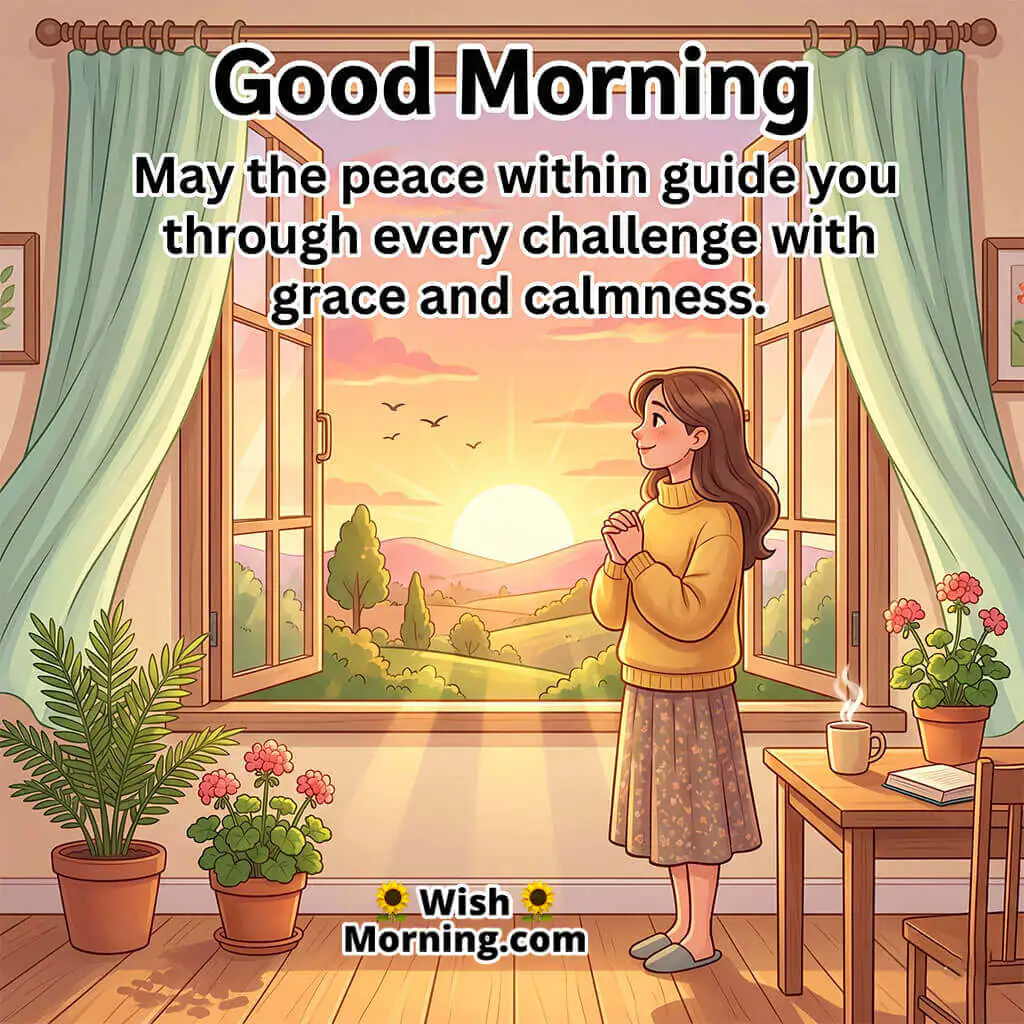 Good Morning Peace Within Quote for Calm Strength featuring woman standing near a sunrise window symbolizing grace and peaceful confidence