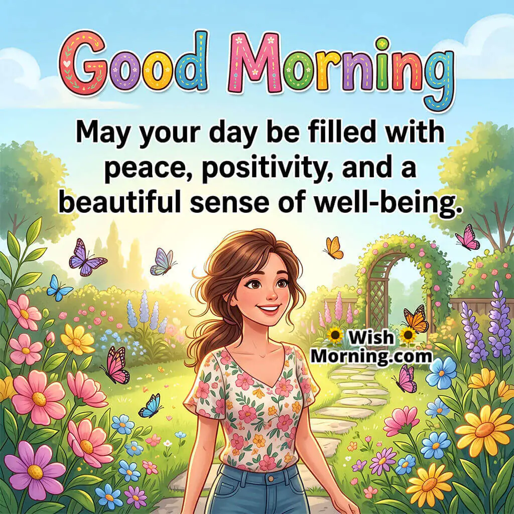 Good Morning Peace and Positivity Wish Quote featuring smiling woman walking through a bright flower garden symbolizing happiness and emotional wellness