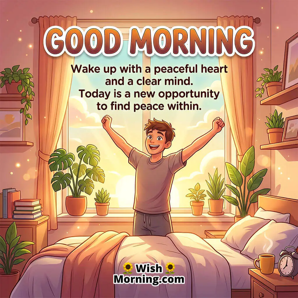 Good Morning Peaceful Heart and Clear Mind Message featuring young man waking near a sunny window symbolizing calm thoughts and positivity
