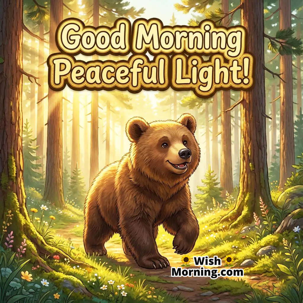 Good Morning Peaceful Light featuring a bear cub walking through pine trees in golden sunlight, symbolizing calmness and strength.