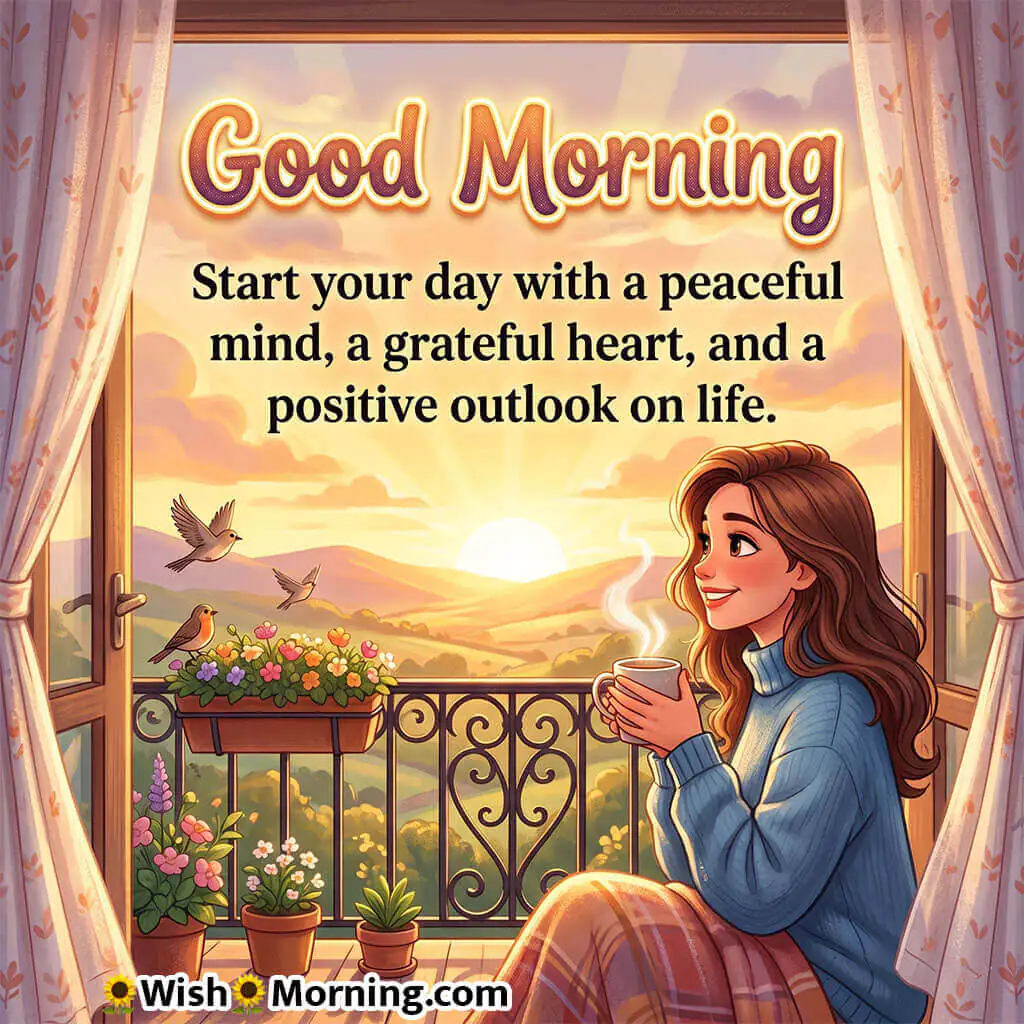 Good Morning Peaceful Mind Message for Positive Energy featuring woman enjoying tea on a sunrise balcony symbolizing gratitude and calm thoughts