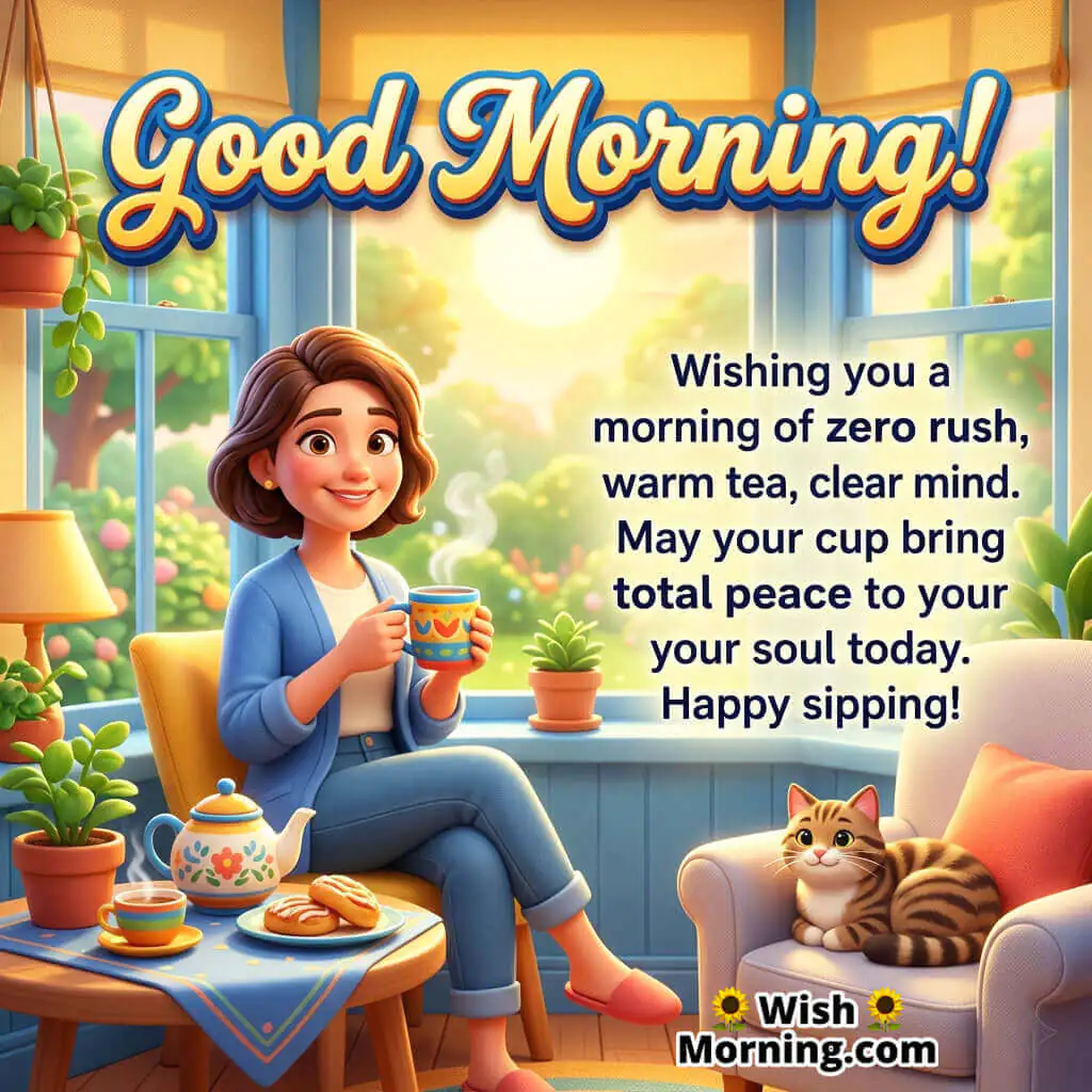 Good Morning Peaceful Tea Wishes Image featuring a relaxed woman holding a warm mug beside a sunny window with a cozy cat nearby symbolizing calm mornings, inner peace, and comfort.
