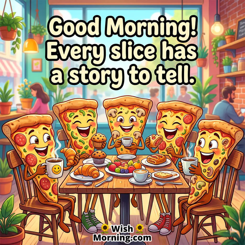 Good Morning Pizza Comic Image with Funny Dialogue featuring cartoon pizza slices in comic breakfast scene symbolizing humor and joy.