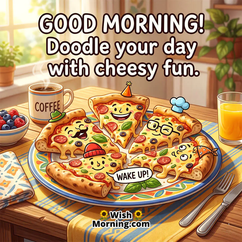 Good Morning Pizza Doodle Art Image with Fun Quote featuring playful pizza slices with doodle faces symbolizing creativity and cheerful mornings.