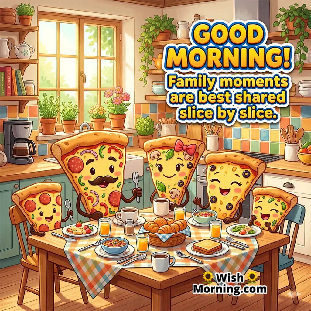 Good Morning Pizza Family Character Image with Cute Quote featuring smiling pizza slice family at breakfast table symbolizing love and togetherness.