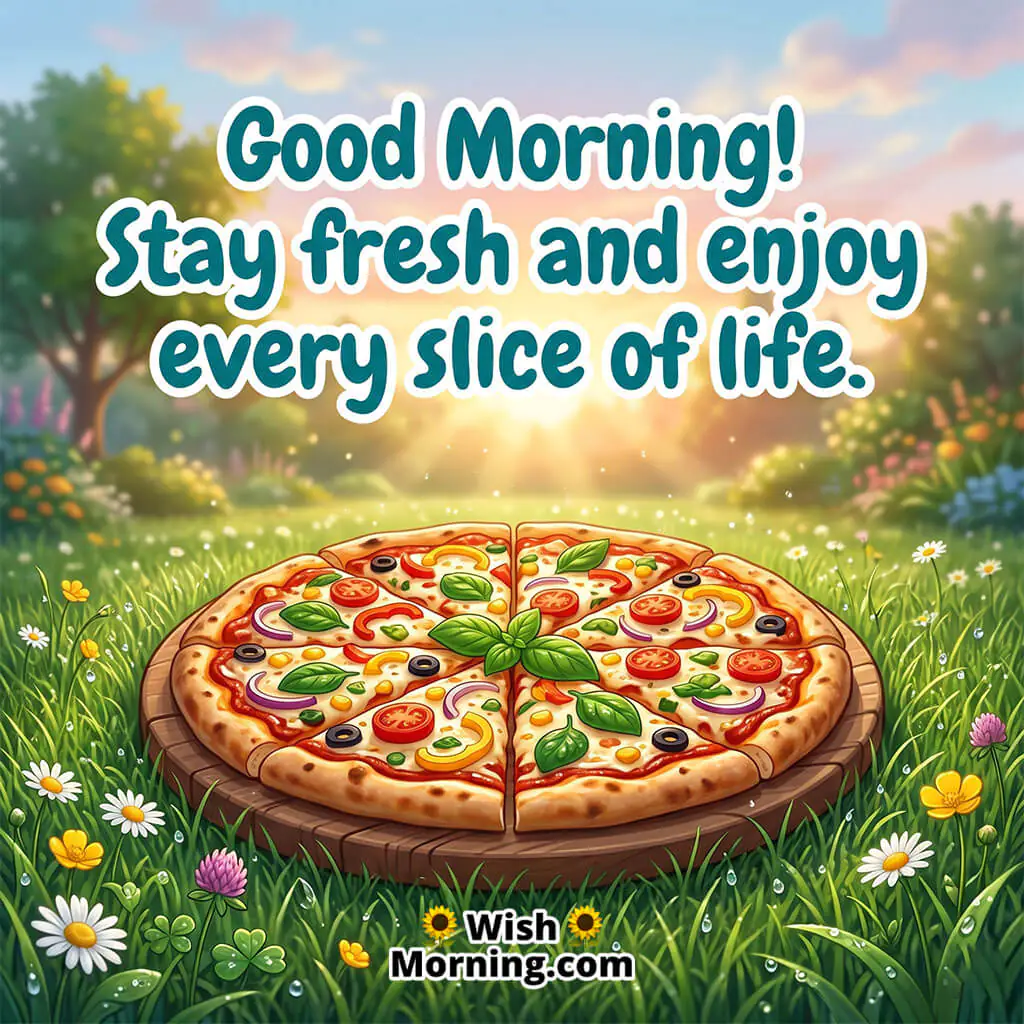 Good Morning Pizza Nature Image with Inspirational Quote featuring veggie pizza on grass with flowers and sunlight symbolizing freshness and peace.