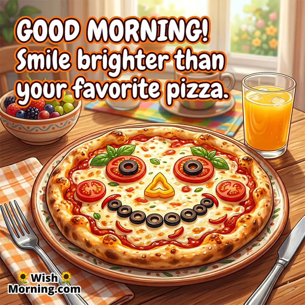 Good Morning Pizza Smile Face Image with Happy Quote featuring pizza decorated into smiling face symbolizing cheerful and fun breakfast vibes.