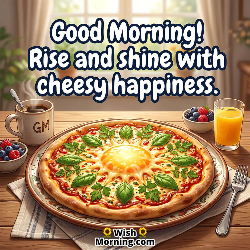 Good Morning Pizza Sunrise Art Image with Cheerful Quote featuring pizza designed like rising sun symbolizing bright and joyful mornings.