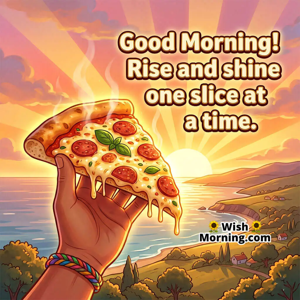 Good Morning Pizza Sunrise Image with Motivational Quote featuring glowing pizza slice against sunrise sky symbolizing hope and fresh beginnings.