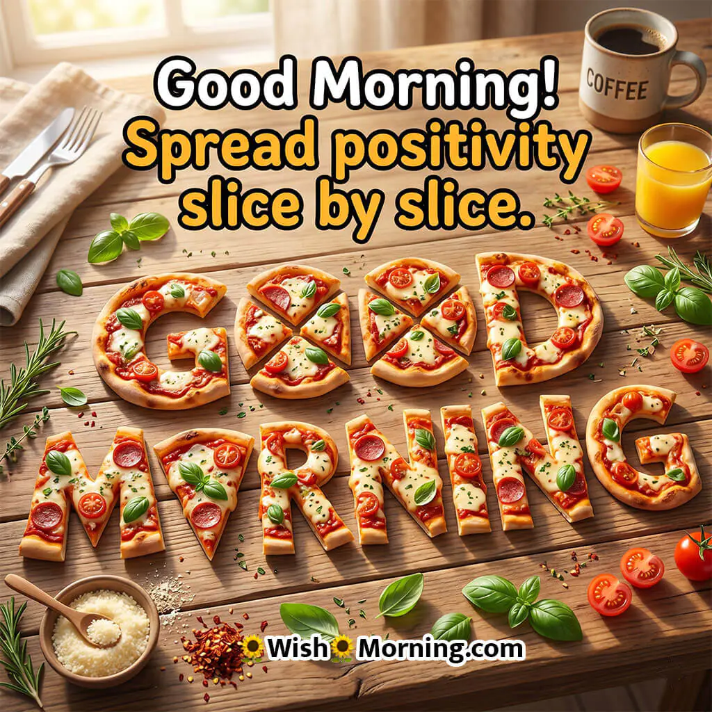 Good Morning Pizza Word Art Image with Creative Design featuring pizza slices spelling good morning symbolizing positivity and creativity.