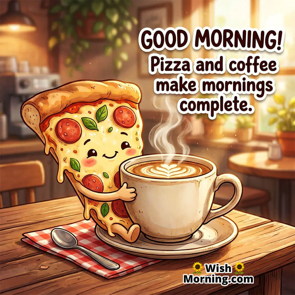 Good Morning Pizza and Coffee Character Image with Quote featuring cute pizza slice hugging coffee cup symbolizing cozy and joyful mornings.