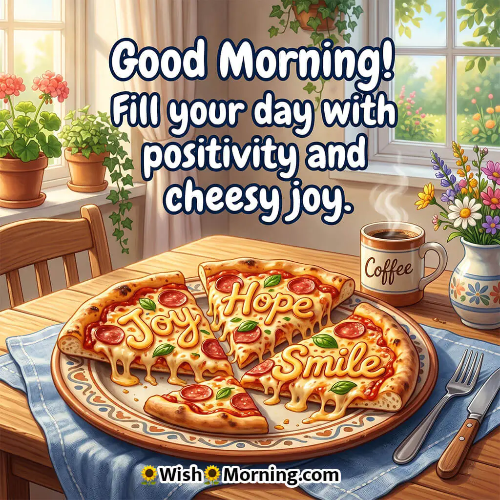 Good Morning Positive Pizza Image with Cheerful Quote featuring pizza slices with words joy hope and smile symbolizing positivity and happiness.