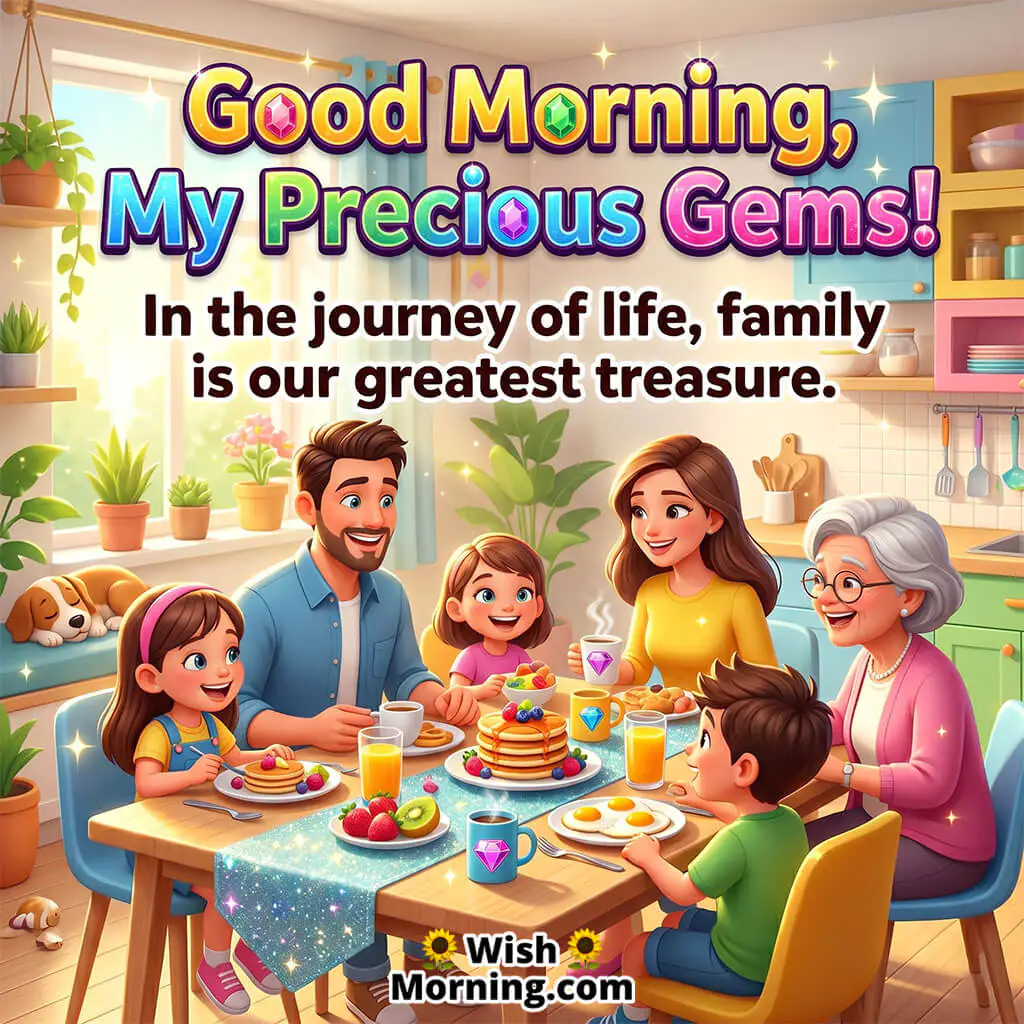 Good Morning Precious Family Blessings Quote featuring a smiling family with grandparents sharing breakfast around a colorful dining table symbolizing togetherness, warmth, and treasured family bonds.