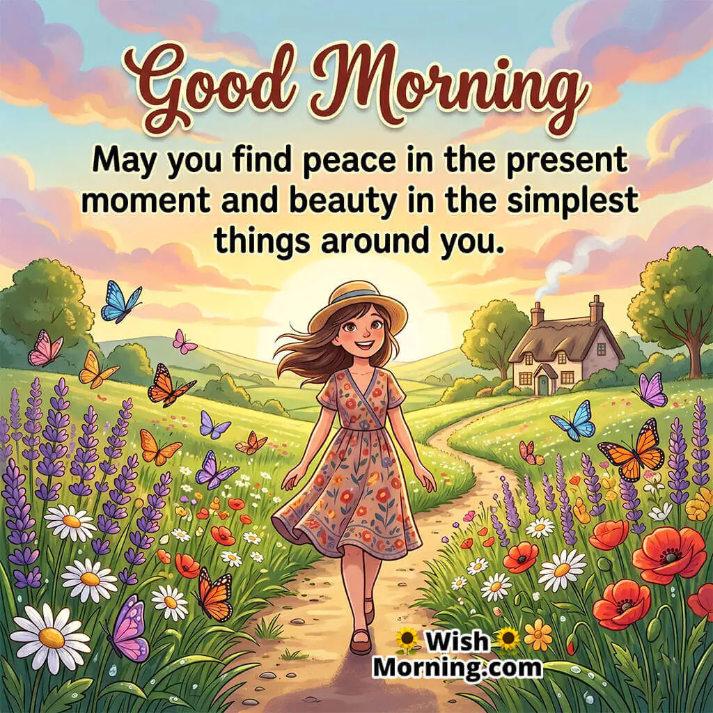 Good Morning Present Moment Peace Quote featuring cheerful person walking through a countryside flower path symbolizing mindfulness and simple happiness