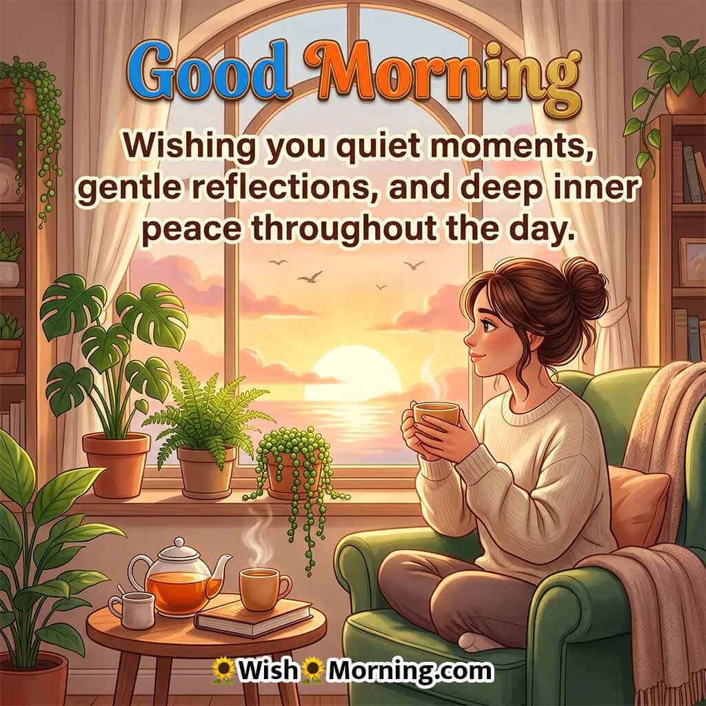 Good Morning Quiet Moments and Reflection Message featuring calm woman with tea beside a sunrise window symbolizing peaceful thoughts and relaxation