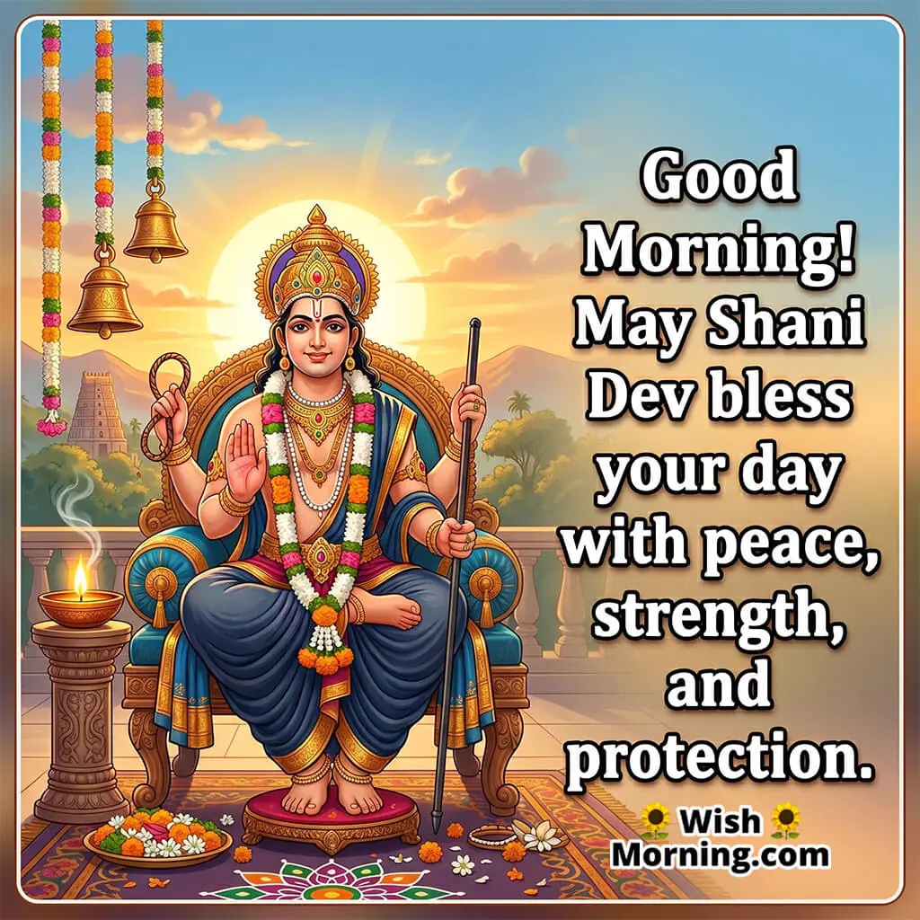 Good Morning Shani Dev Blessings Image with Divine Message featuring peaceful Shani Dev with sunrise and glowing diya symbolizing blessings strength and protection.