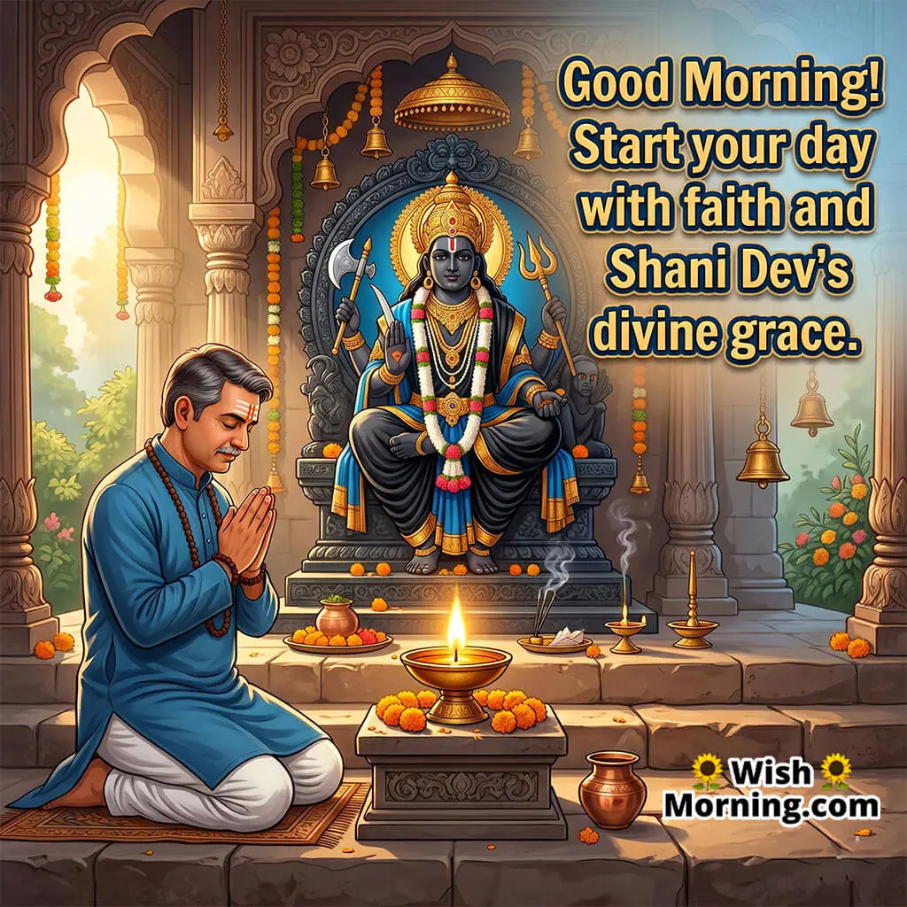 Good Morning Shani Dev Prayer Image with Blessing Quote featuring devotee praying before Shani Dev with diya and temple atmosphere symbolizing devotion and positivity.