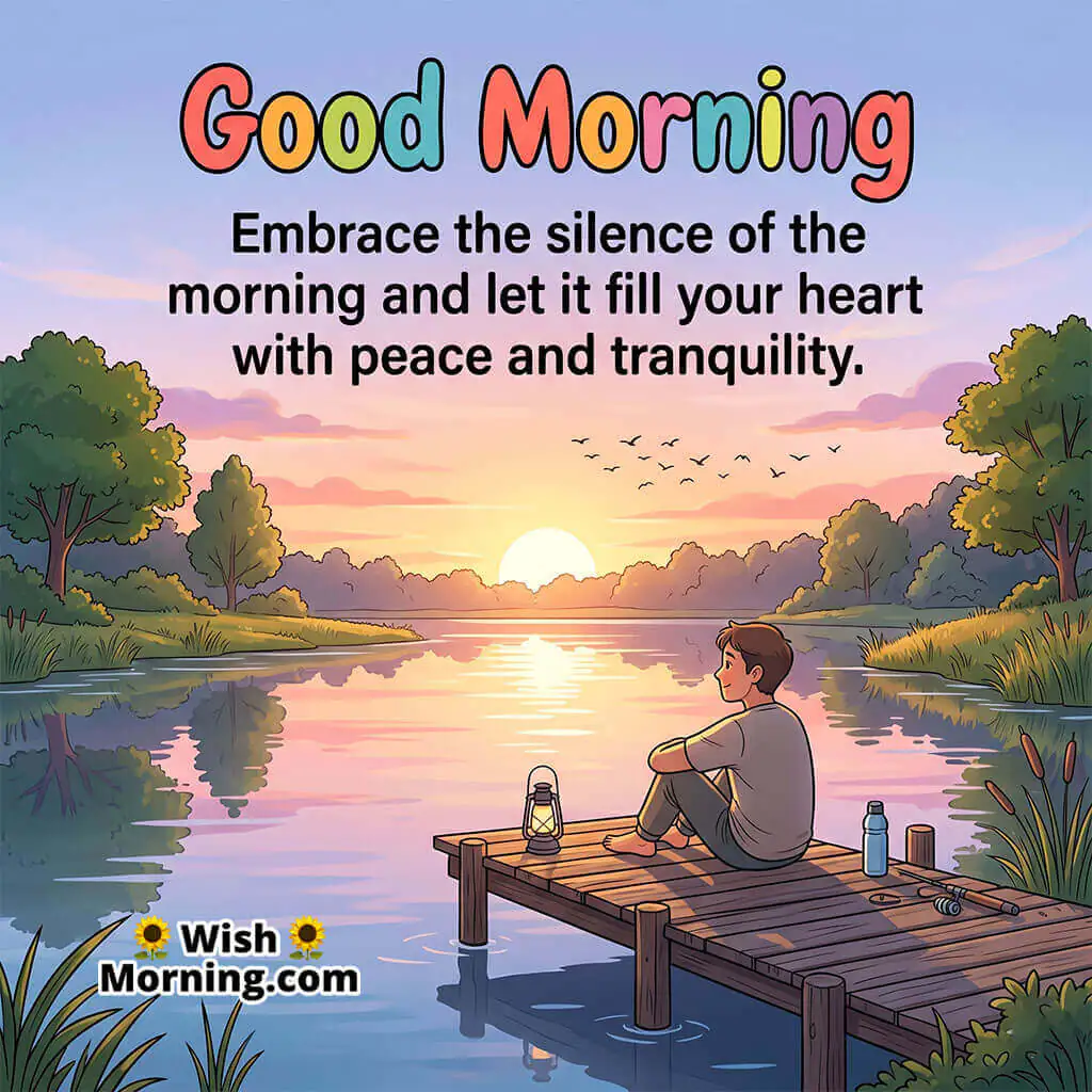 Good Morning Silence and Inner Calm Quote featuring peaceful person sitting on a river dock at sunrise symbolizing tranquility and mindfulness