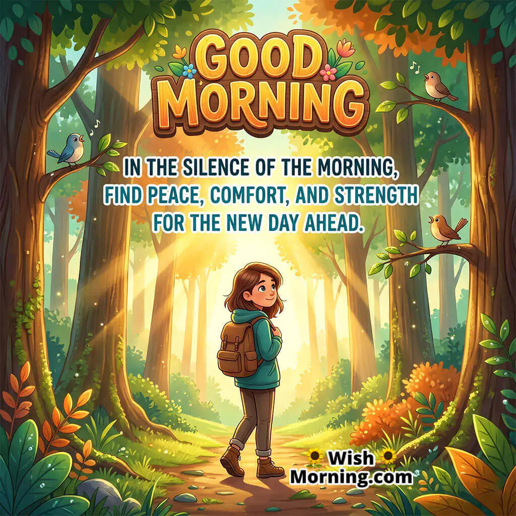 Good Morning Silence and Strength Inspirational Quote featuring thoughtful person walking through a peaceful forest trail symbolizing reflection and peace
