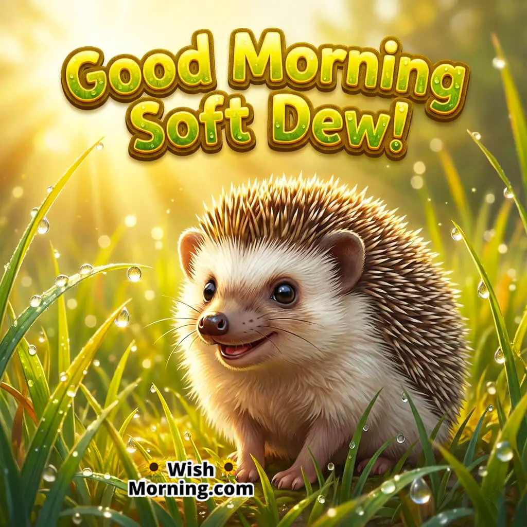 Good Morning Soft Dew featuring a hedgehog in dew-covered grass with sun rays, symbolizing gentle freshness.