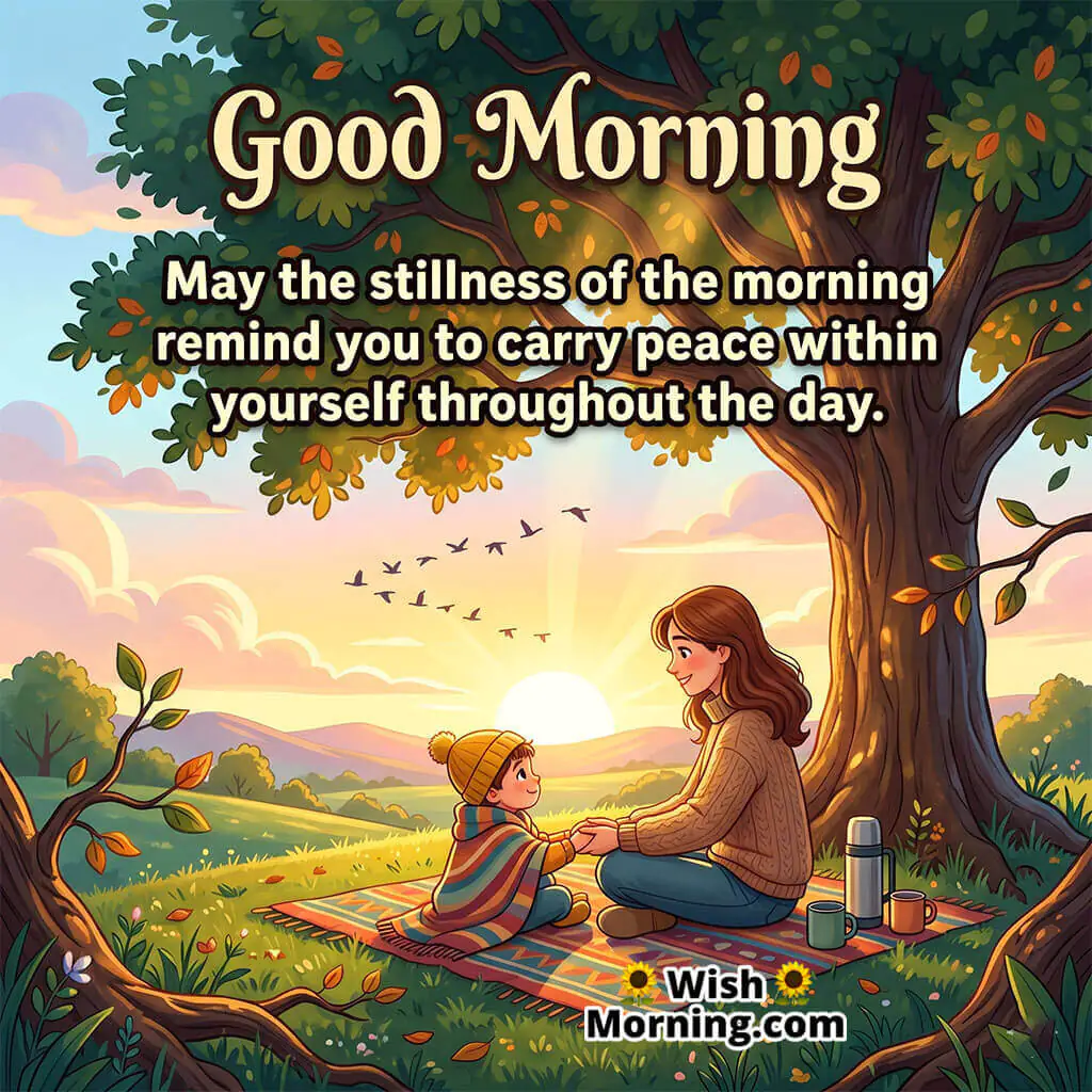 Good Morning Stillness Quote for Daily Peace featuring parent and child sitting under a sunrise tree symbolizing harmony and peaceful living