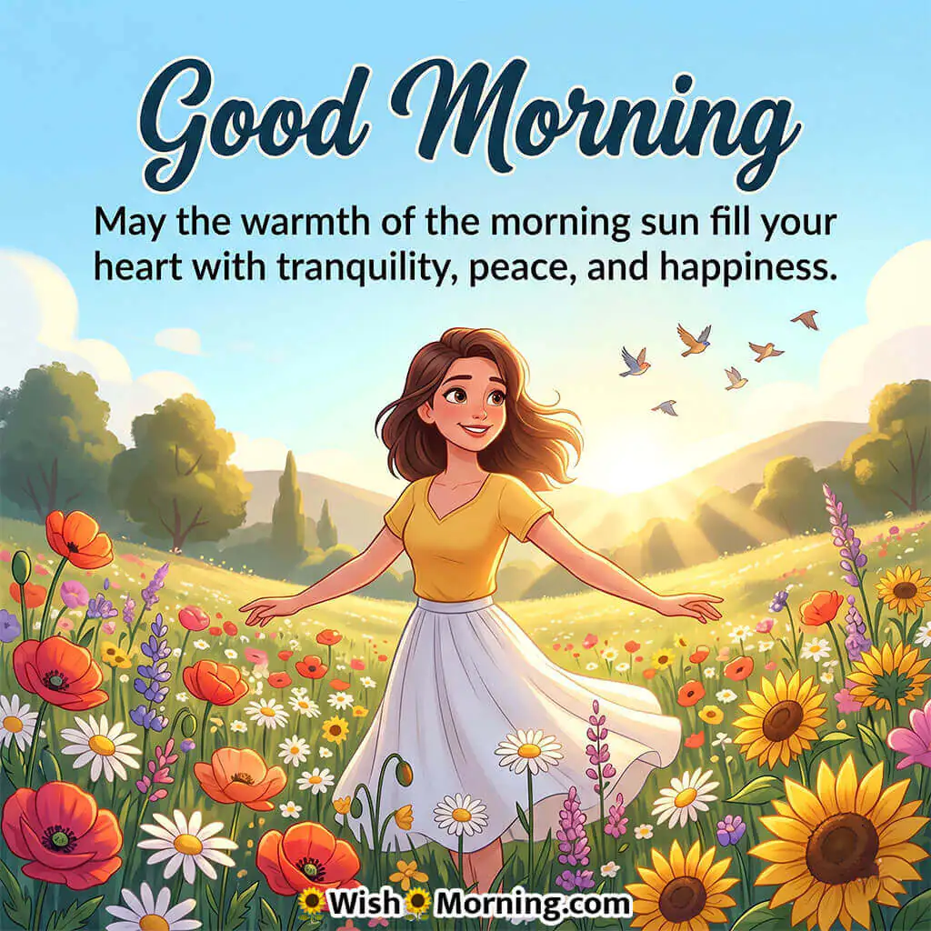 Good Morning Sunlight Peace and Happiness Quote featuring smiling woman in a glowing flower field symbolizing warmth and tranquility