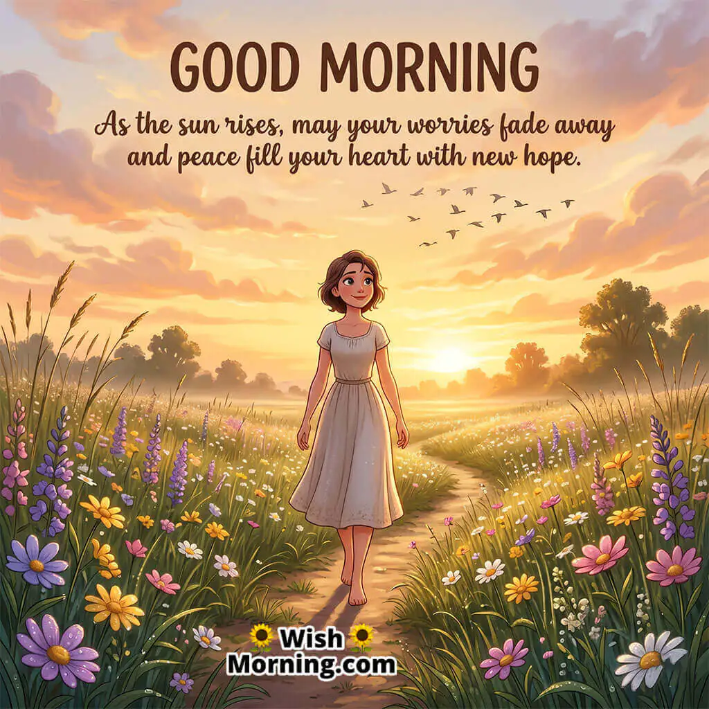 Good Morning Sunrise Peace Quote for New Hope featuring cheerful woman walking through a sunrise meadow symbolizing fresh beginnings and peace