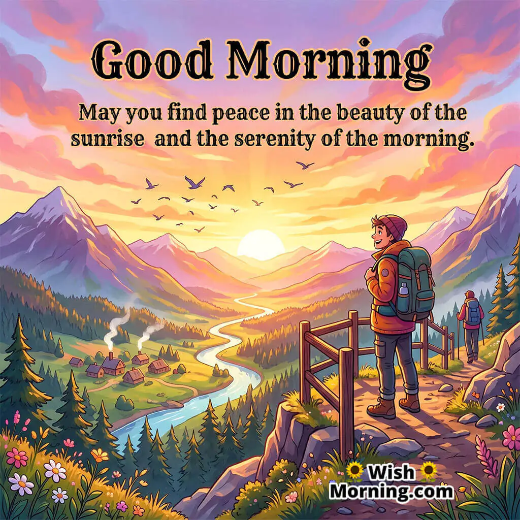 Good Morning Sunrise Serenity and Peace Quote featuring cheerful traveler watching sunrise from a mountain viewpoint symbolizing calmness and inspiration