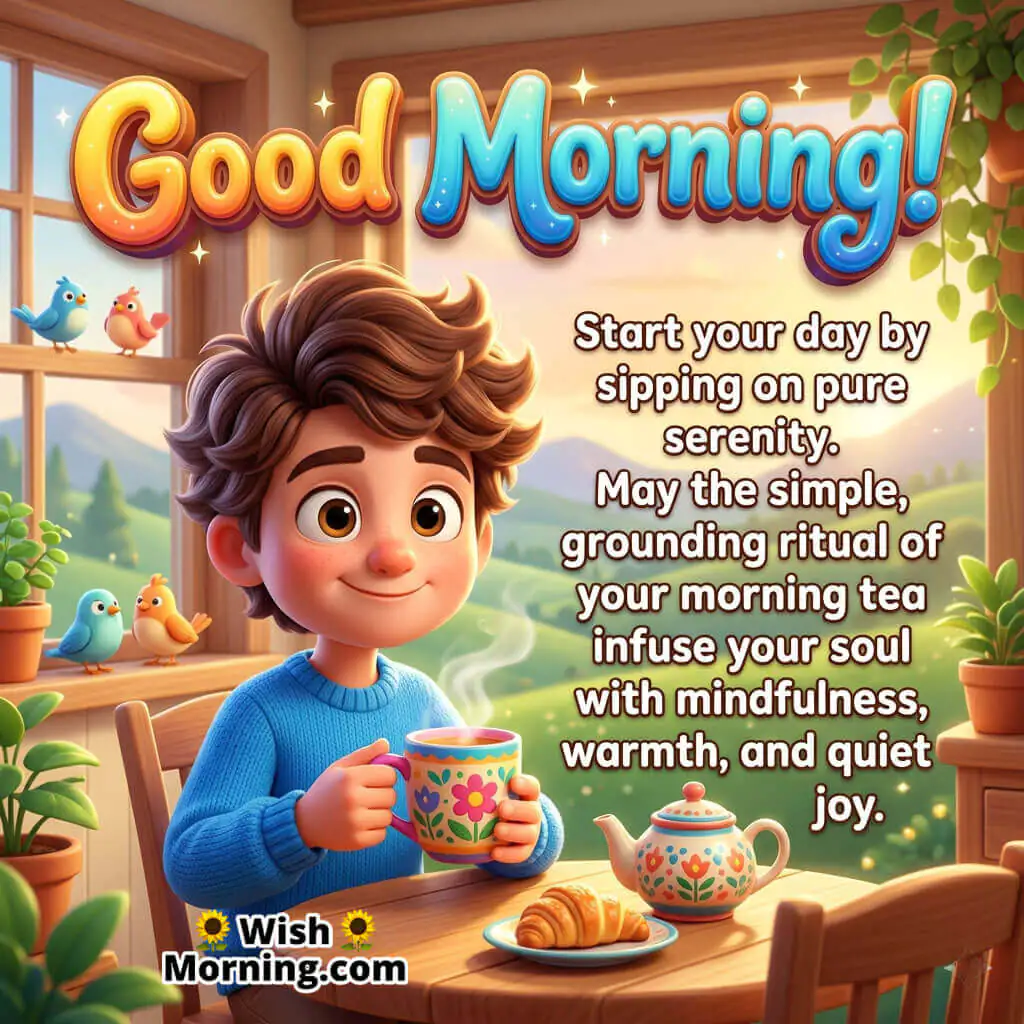 Good Morning Tea Serenity Message Image featuring a cute boy sipping tea in a bright cozy room with birds and greenery symbolizing mindfulness, warmth, and peaceful joy.