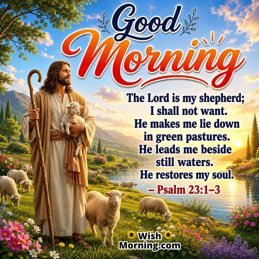 Good Morning The Lord Is My Shepherd Message featuring Jesus as the Good Shepherd standing among sheep beside calm waters and green pastures, symbolizing guidance, peace, and restoration of the soul.