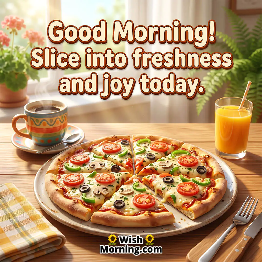 Good Morning Veggie Pizza Image with Healthy Quote featuring colorful vegetable pizza under bright morning sunlight symbolizing freshness and positivity.