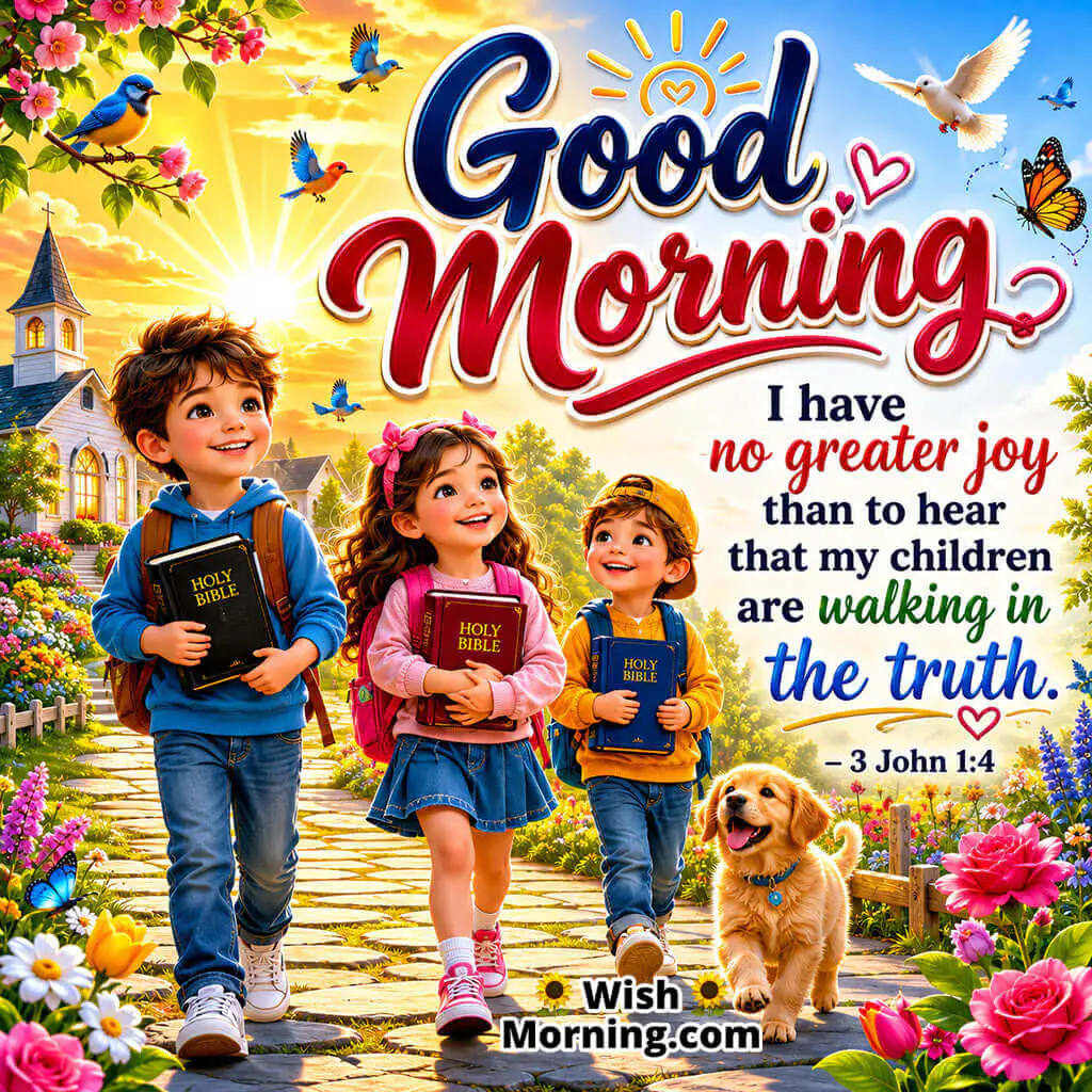 Good Morning Walking in Truth Bible Message featuring happy children carrying Bibles along a bright path near a church at sunrise, symbolizing faith, truth, and spiritual growth.