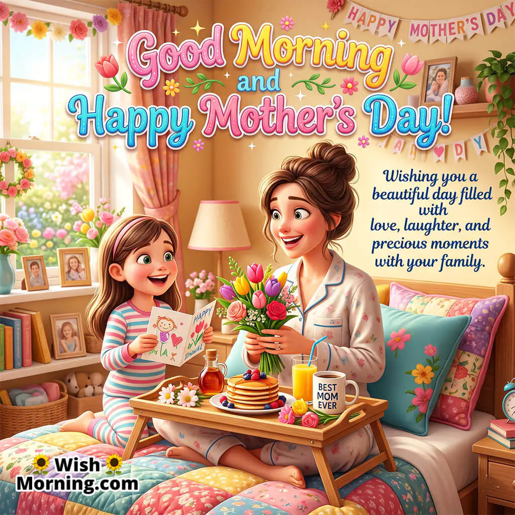 Good Morning and Happy Mother’s Day Family Message featuring a mother and daughter sharing breakfast in bed with flowers and greeting cards symbolizing family love, care, and precious moments together.