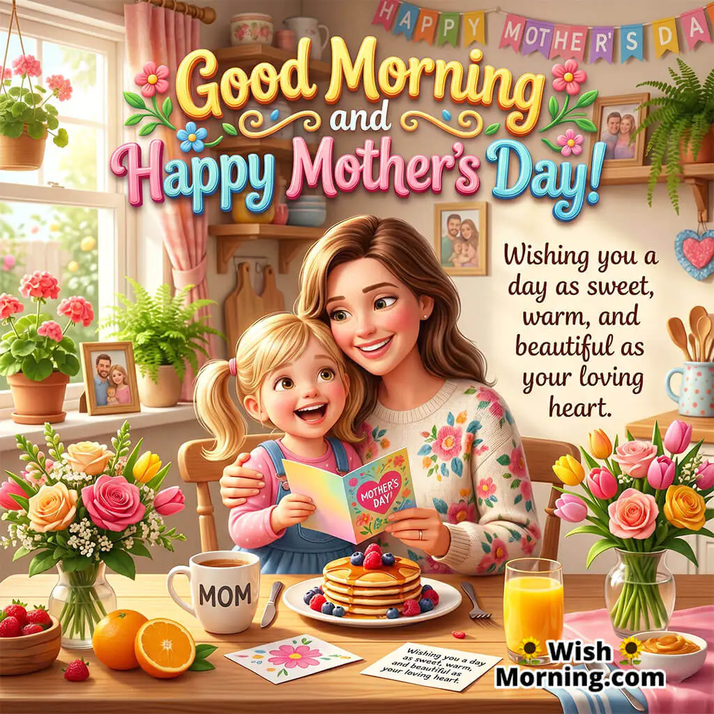 Good Morning and Happy Mother’s Day Loving Wish featuring a joyful mother and daughter sharing a sweet moment at the breakfast table with flowers and greeting cards symbolizing warmth, affection, and beautiful family memories.
