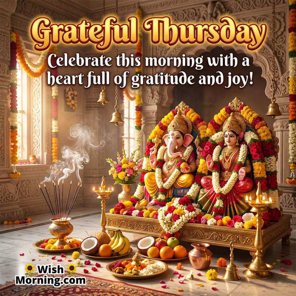 Grateful Thursday Devotional Blessing Image featuring beautiful idols of Lord Ganesha and Goddess Lakshmi decorated with flowers, diyas, and temple offerings symbolizing gratitude, blessings, and spiritual joy.