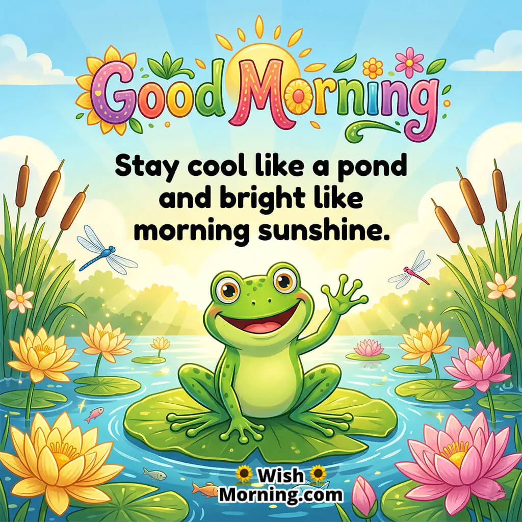 Happy Good Morning Frog Sunshine Wish Image featuring a cheerful cartoon frog waving from a lily pad with blooming lotus flowers, dragonflies, and sunny pond scenery, symbolizing calmness, joy, and positive morning vibes.