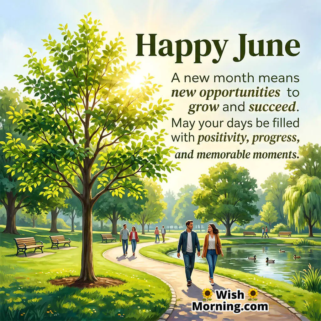 Happy June Growth and Success Message Image featuring a sunlit park with a flourishing green tree, walking paths, and peaceful nature views symbolizing progress, positivity, and personal growth.