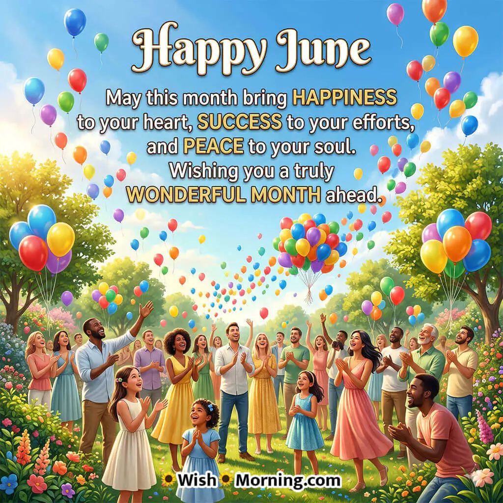 Happy June Wonderful Month Wish Image featuring joyful families and friends celebrating in a sunny park with colorful balloons floating across the sky symbolizing happiness, success, and shared blessings.
