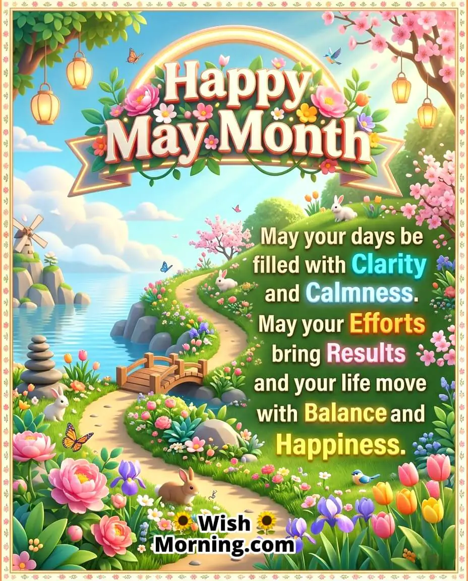 Happy May Month Balance and Happiness Wish Image featuring bright flowers, sunlight, and greenery symbolizing calmness, success, and joyful living.