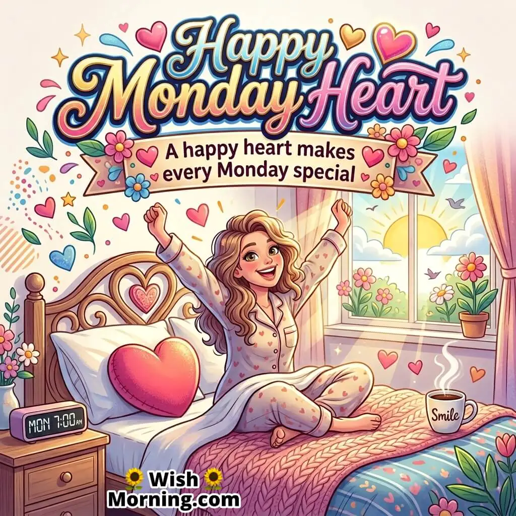 Happy Monday Heart Positive Energy Wish featuring a cheerful girl waking up in a cozy bedroom, sunlight through window, coffee cup, and heart decorations symbolizing happiness, positivity, and a joyful start to Monday.
