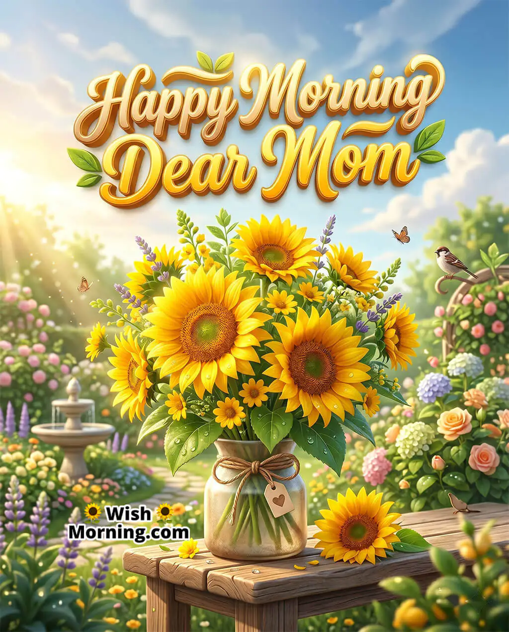 Happy Morning Dear Mom Image With Sunflowers featuring glowing sunflowers in a jar on a garden table with blue sky, butterflies, and a small bird, symbolizing positivity, sunshine, and happy blessings for the day.