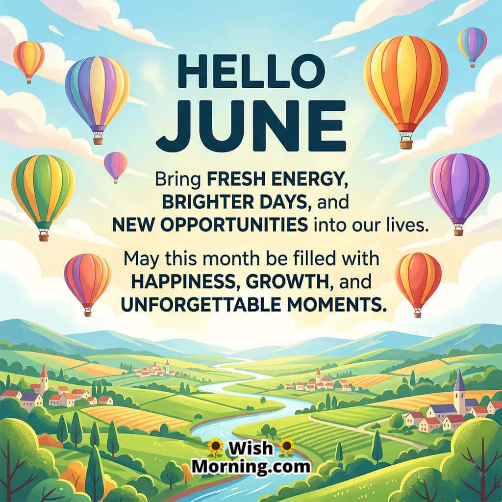 Hello June Fresh Energy Wish Image featuring colorful hot air balloons floating above a scenic countryside and winding river symbolizing fresh energy, happiness, and exciting opportunities.
