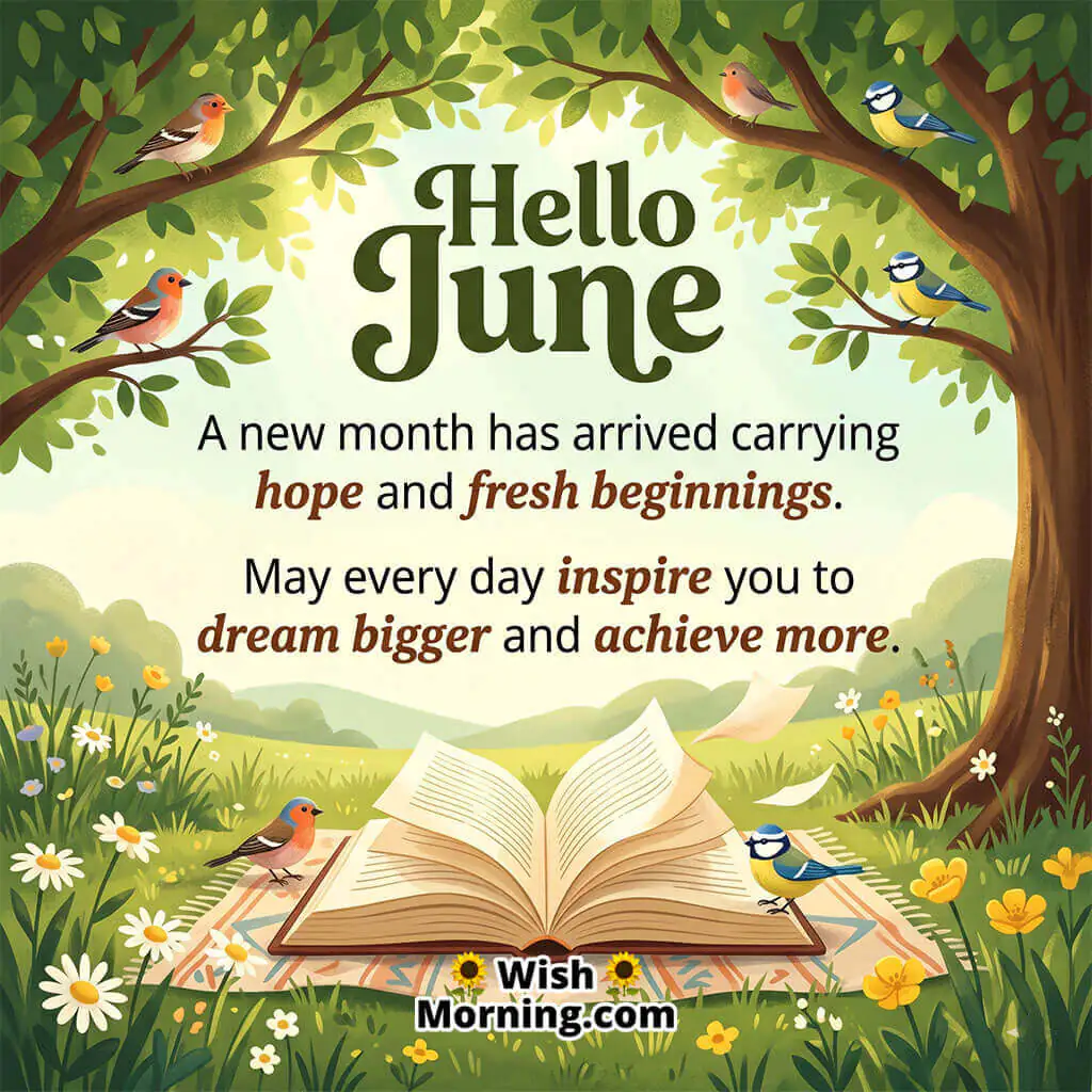 Hello June New Beginnings Quote Image featuring an open book in a peaceful meadow surrounded by flowers and birds beneath leafy trees symbolizing hope, learning, dreams, and fresh starts.