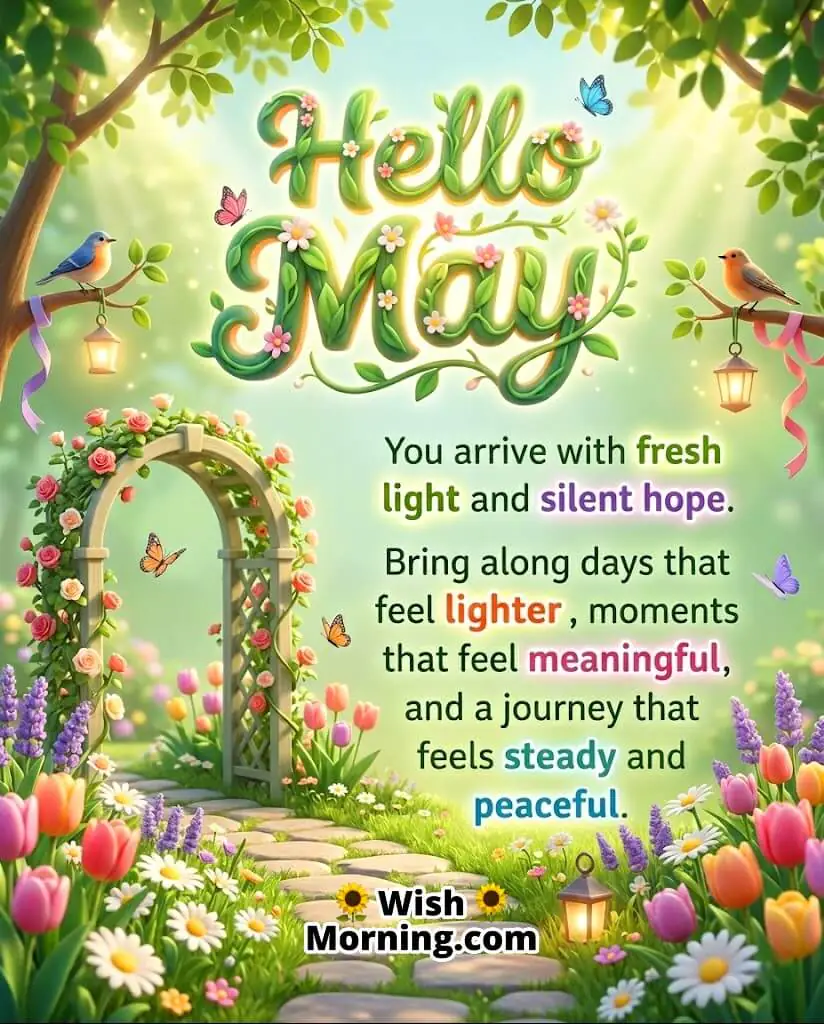 Hello May Peaceful Journey Message Image featuring soft sky, nature landscape, and light breeze elements symbolizing calm days, meaningful moments, and steady life flow.