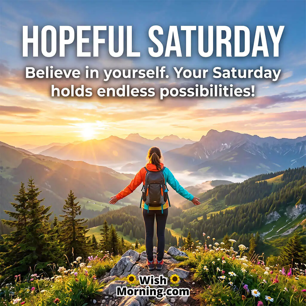Hopeful Saturday Inspiration Message featuring a woman standing on a mountain peak during sunrise with scenic valleys and flowers symbolizing confidence, hope, and endless possibilities.