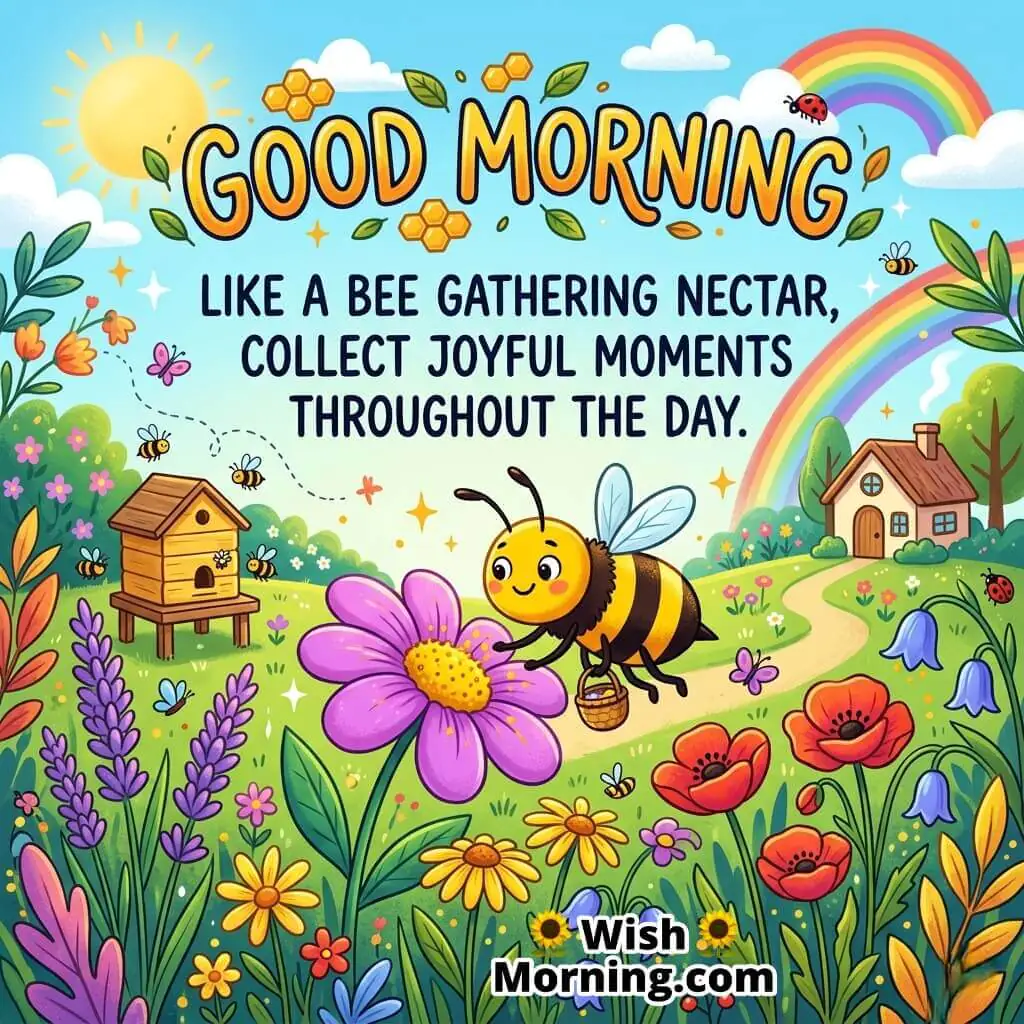 Inspirational Good Morning Bee Quote Image featuring a happy little bee gathering nectar among colorful flowers with a rainbow in the background, symbolizing joyful moments, positivity, and a bright day ahead.