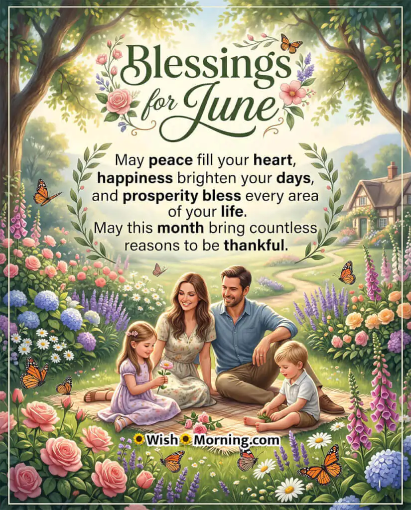 June Blessings for Peace and Prosperity Message Image featuring a happy family relaxing in a flower-filled garden surrounded by butterflies and blooming plants symbolizing peace, gratitude, happiness, and abundance.