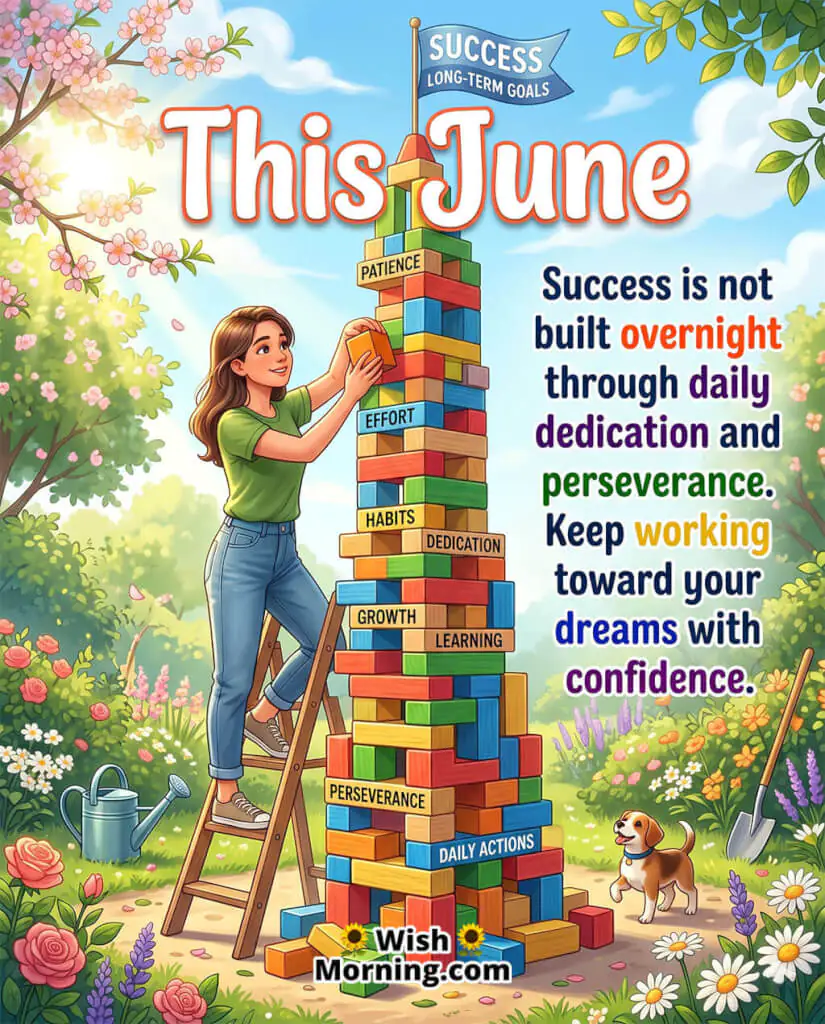 June Daily Success Motivation Message Image featuring a young woman building a colorful tower of blocks labeled with positive habits and achievements symbolizing perseverance, discipline, learning, and long-term success.