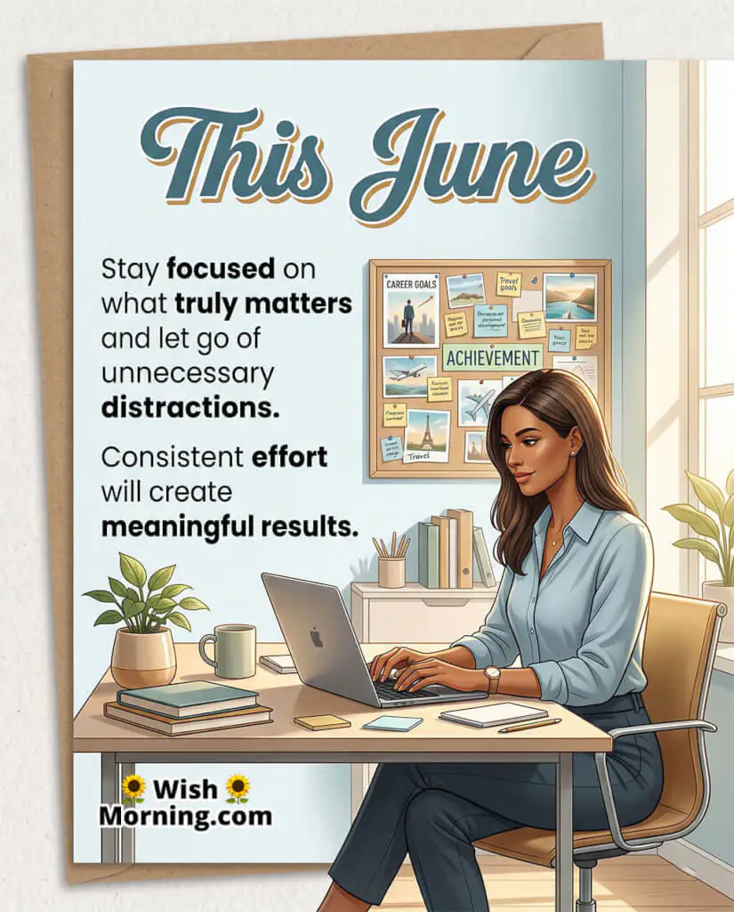 June Focus and Achievement Message Image featuring a professional woman working at a desk with a vision board and career goals in the background symbolizing focus, dedication, productivity, and meaningful results.
